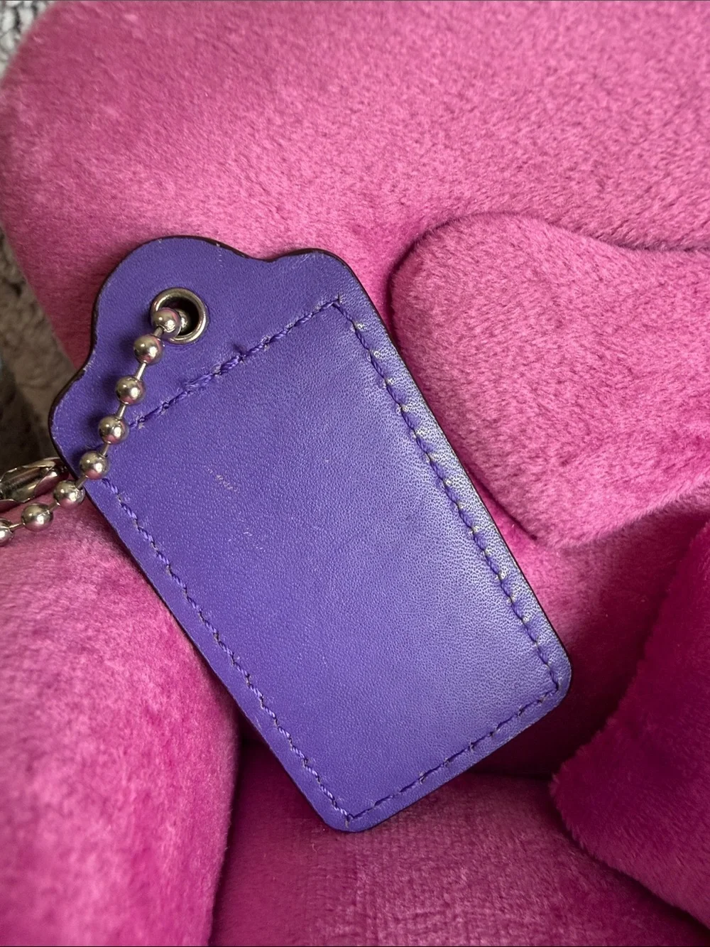 Coach Purple Large Leather Bag Tag Charm with Silver Ball Chain